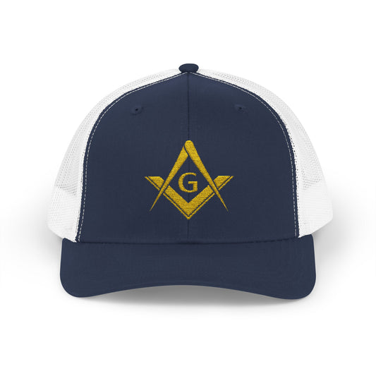 Freemason Trucker Hat – Gold Square & Compasses | Masonic Mesh Cap
