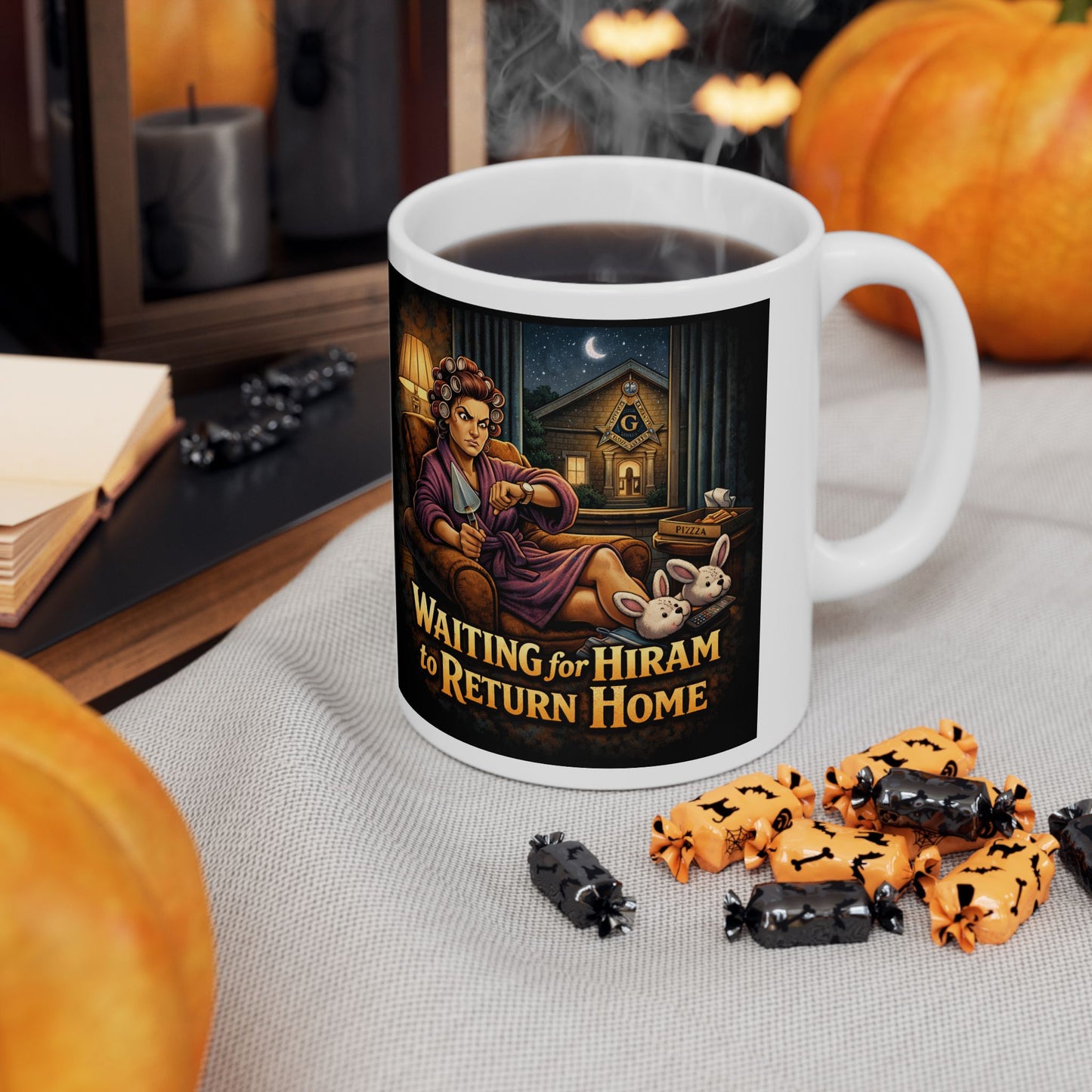 Ceramic Mug — “Mind Over Cables, Waiting for Hiram” Vintage Cable Puller Design | Custom Lodge/Firefighter Gift (11oz, 15oz)