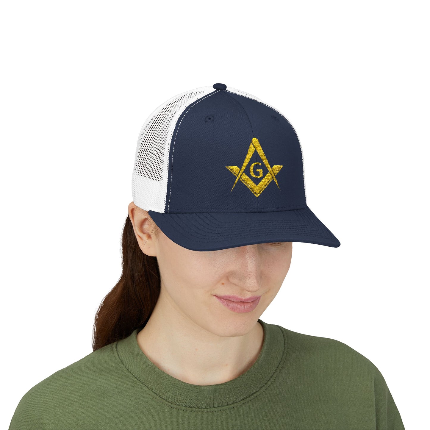 Freemason Trucker Hat – Gold Square & Compasses | Masonic Mesh Cap