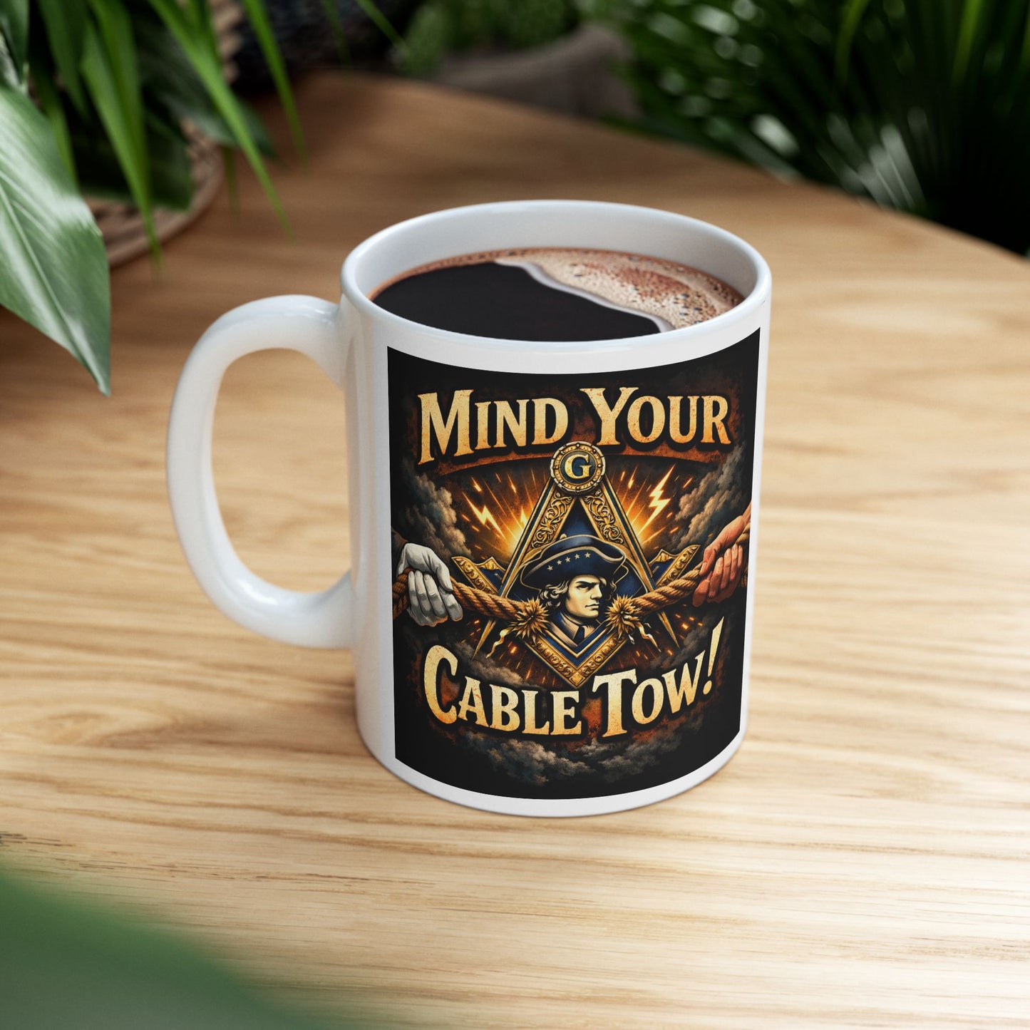 Ceramic Mug — “Mind Over Cables, Waiting for Hiram” Vintage Cable Puller Design | Custom Lodge/Firefighter Gift (11oz, 15oz)