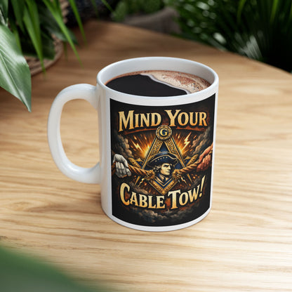 Ceramic Mug — “Mind Over Cables, Waiting for Hiram” Vintage Cable Puller Design | Custom Lodge/Firefighter Gift (11oz, 15oz)