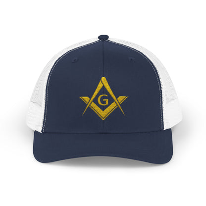 Freemason Trucker Hat – Gold Square & Compasses | Masonic Mesh Cap