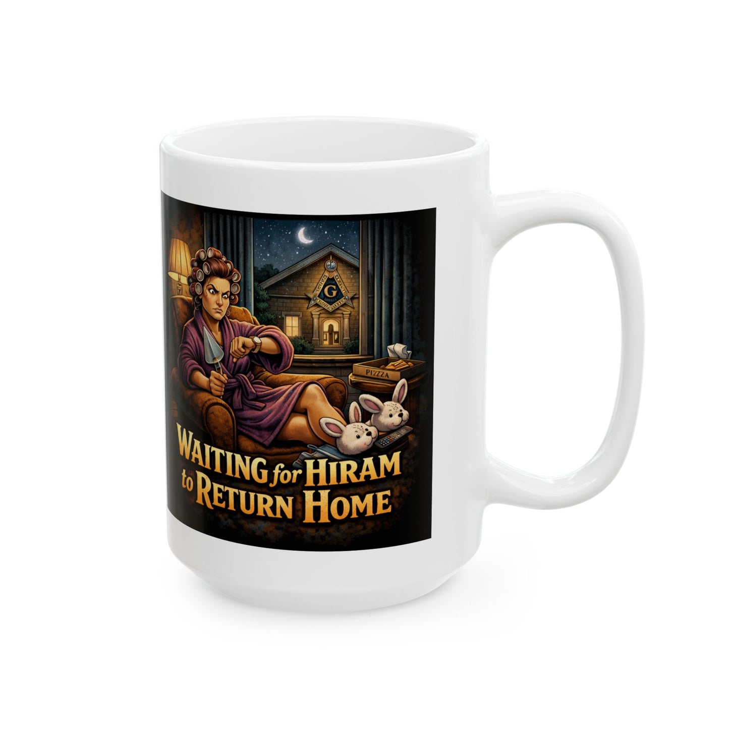 Ceramic Mug — “Mind Over Cables, Waiting for Hiram” Vintage Cable Puller Design | Custom Lodge/Firefighter Gift (11oz, 15oz)