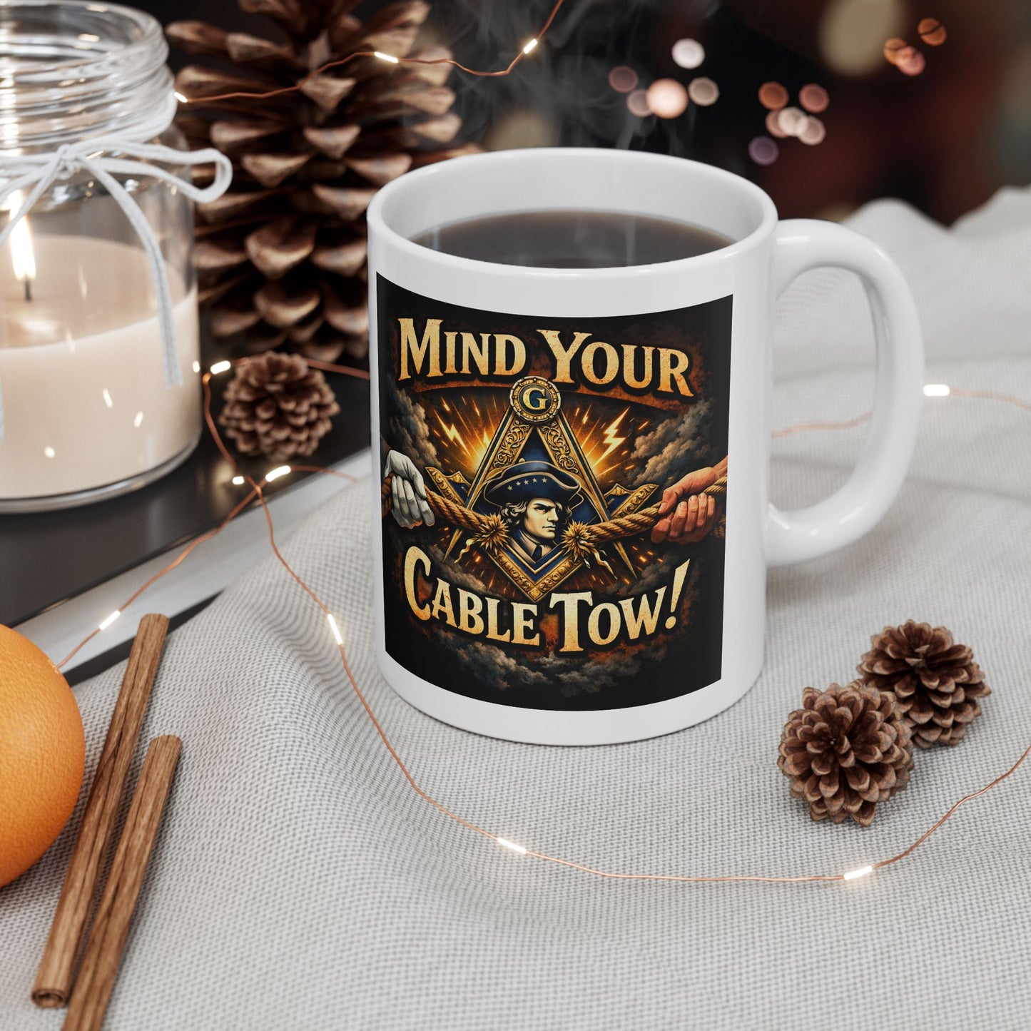 Ceramic Mug — “Mind Over Cables” Vintage Cable Puller Design | Custom Lodge/Firefighter Gift (11oz, 15oz)