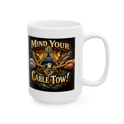 Ceramic Mug — “Mind Over Cables” Vintage Cable Puller Design | Custom Lodge/Firefighter Gift (11oz, 15oz)