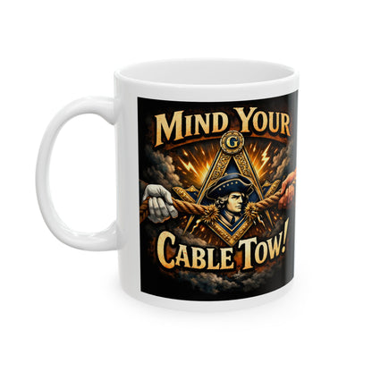 Ceramic Mug — “Mind Over Cables, Waiting for Hiram” Vintage Cable Puller Design | Custom Lodge/Firefighter Gift (11oz, 15oz)