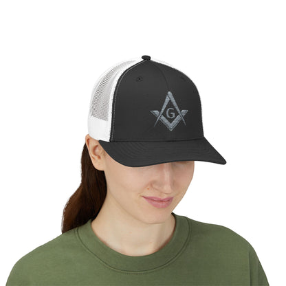Freemason Trucker Hat – Silver Square & Compasses | Masonic Mesh Cap