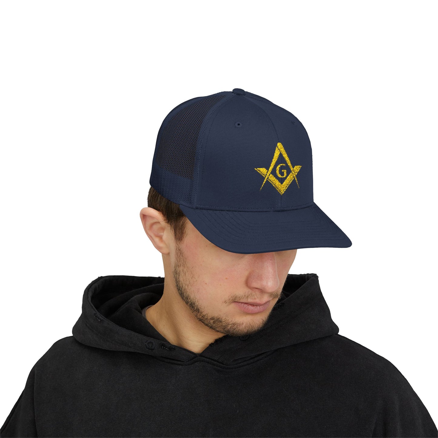 Freemason Trucker Hat – Gold Square & Compasses | Masonic Mesh Cap
