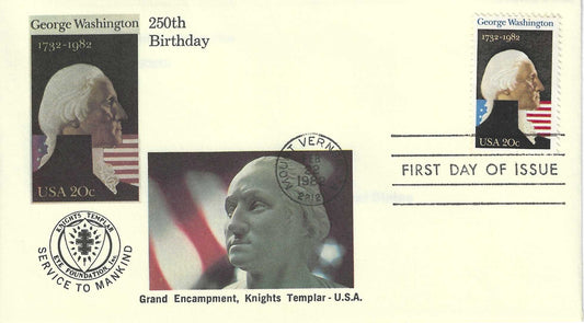 1982 George Washington Masonic Postal Cover – Knights Templar First Day Postmark – Washington 250th Anniversary