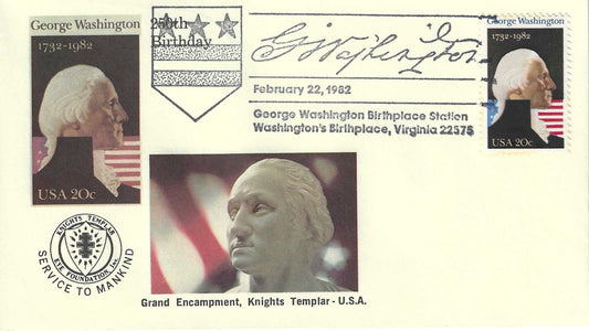 1982 George Washington Masonic First Day Cover – Knights Templar Birthplace Station – Washington 250th Anniversary