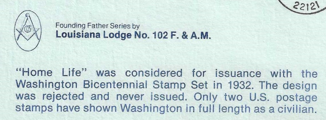 1982 George Washington – Louisiana Lodge No. 102 Founding Father Series – First Day Cover (Insert Included)