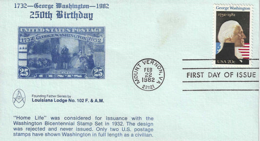 1982 George Washington – Louisiana Lodge No. 102 Founding Father Series – First Day Cover (Insert Included)