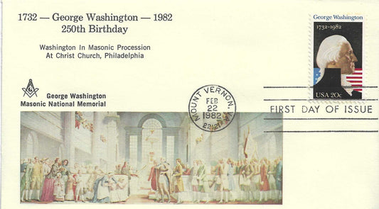1982 George Washington Masonic First Day Cover – Christ Church Procession – Mount Vernon Postmark – Washington 250th Anniversary