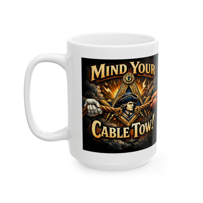 Ceramic Mug — “Mind Over Cables, Waiting for Hiram” Vintage Cable Puller Design | Custom Lodge/Firefighter Gift (11oz, 15oz)