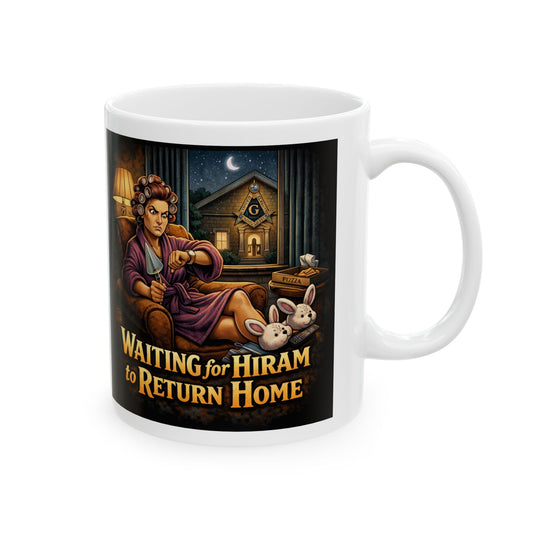 Ceramic Mug — “Mind Over Cables, Waiting for Hiram” Vintage Cable Puller Design | Custom Lodge/Firefighter Gift (11oz, 15oz)