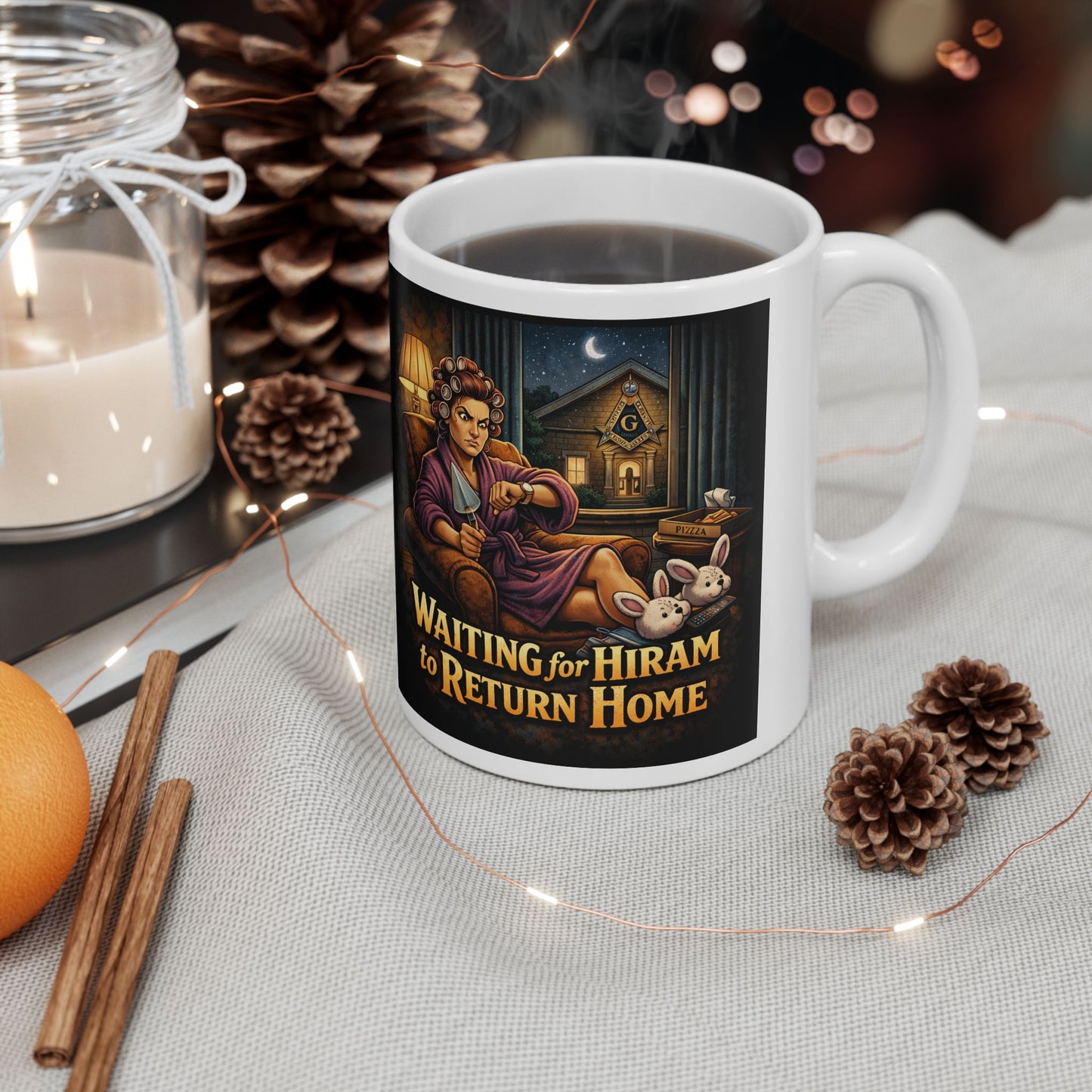 Ceramic Mug — “Mind Over Cables, Waiting for Hiram” Vintage Cable Puller Design | Custom Lodge/Firefighter Gift (11oz, 15oz)