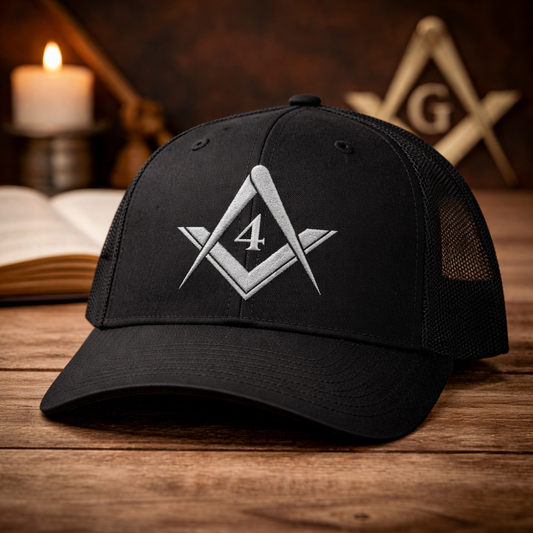 Fredericksburg Lodge No. 4 Trucker Hat – Silver Embroidery | Square & Compasses Mesh Cap