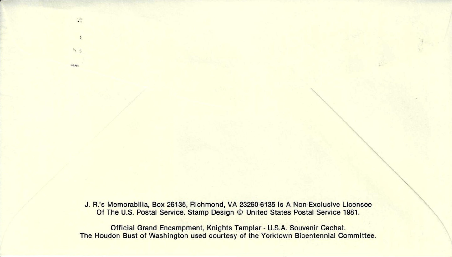 1982 George Washington Masonic First Day Cover – Knights Templar Birthplace Station – Washington 250th Anniversary