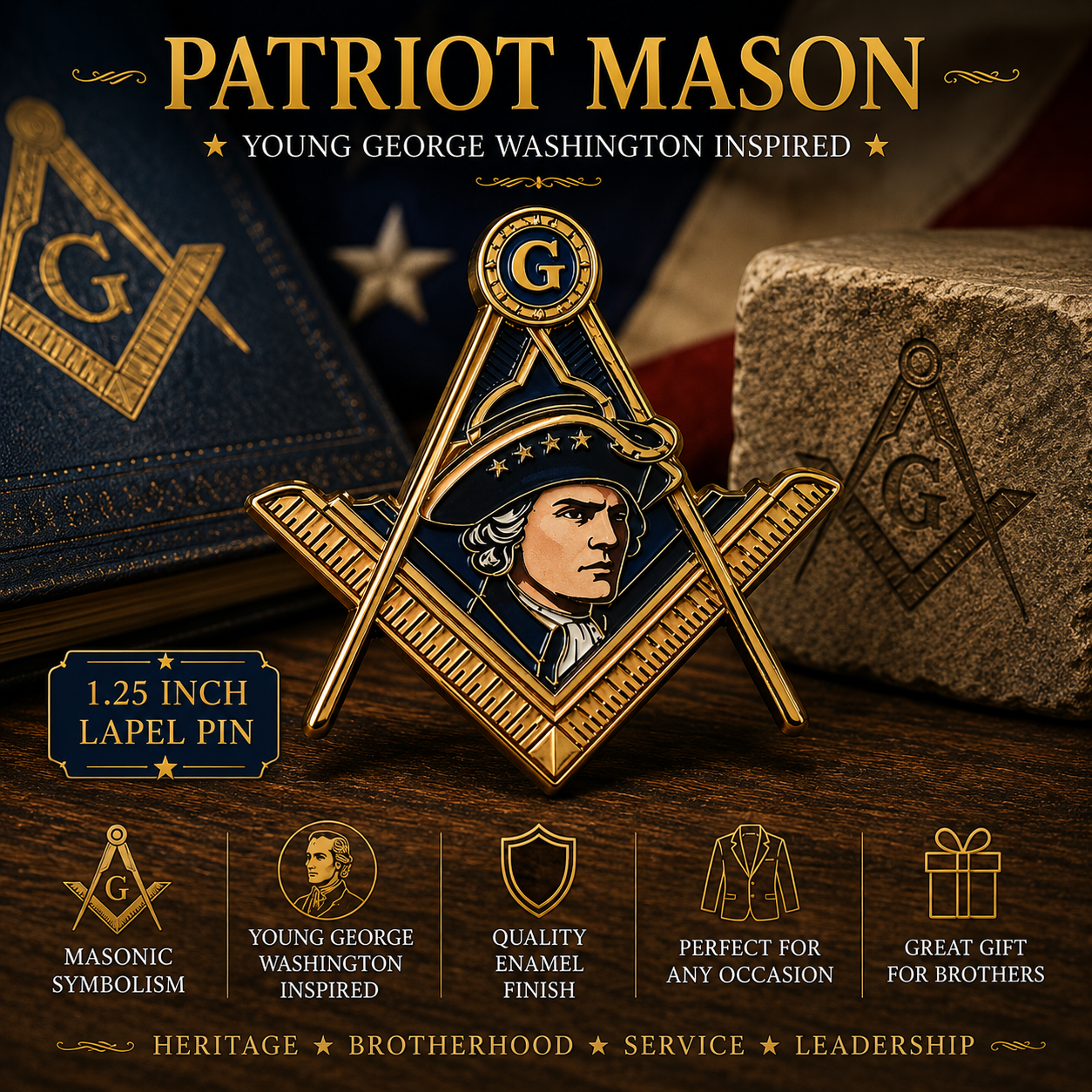 Patriot Mason Lapel Pin – Young George Washington Inspired