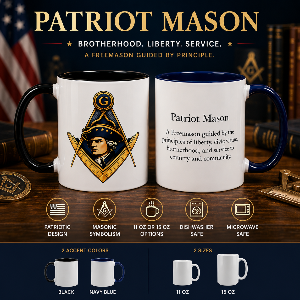 Patriot Mason Coffee Mug — Freemason Definition Accent Mug (11/15 oz)