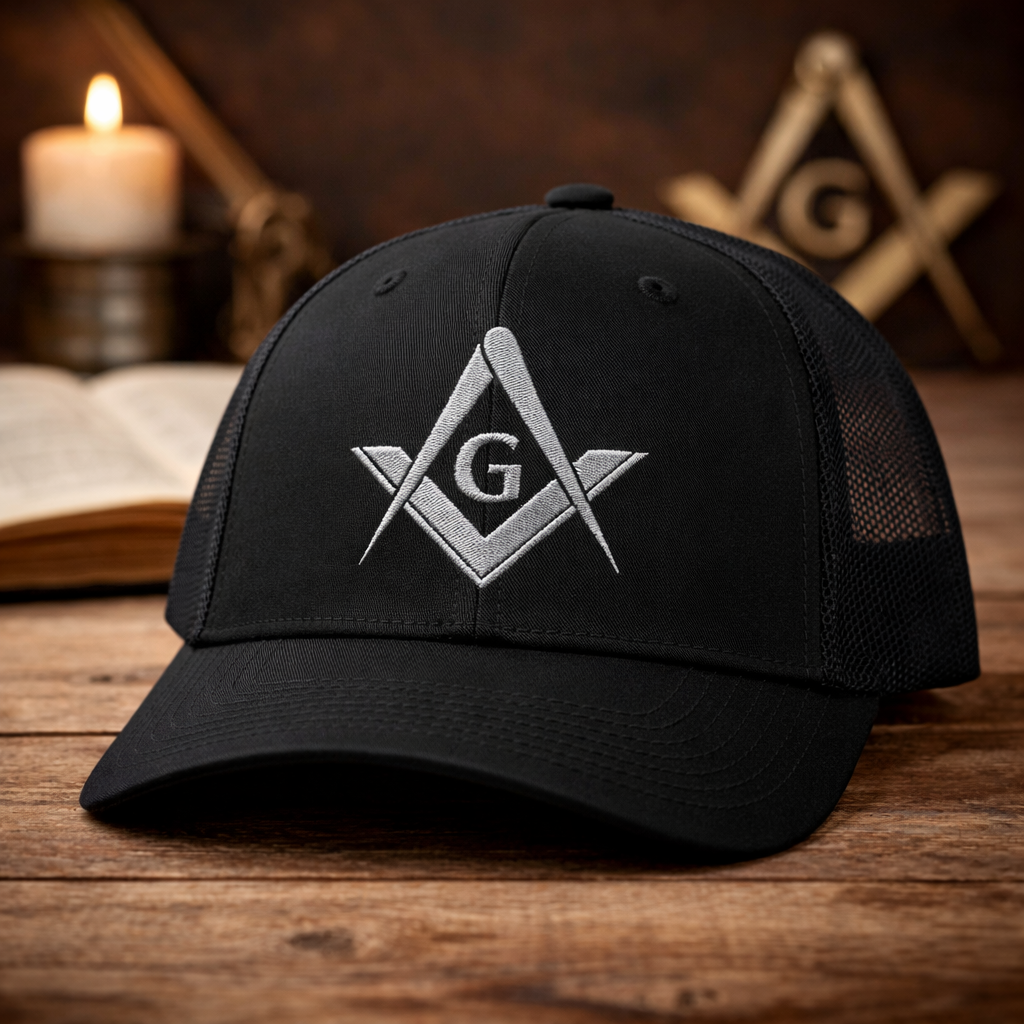 Freemason Trucker Hat – Silver Square & Compasses | Masonic Mesh Cap