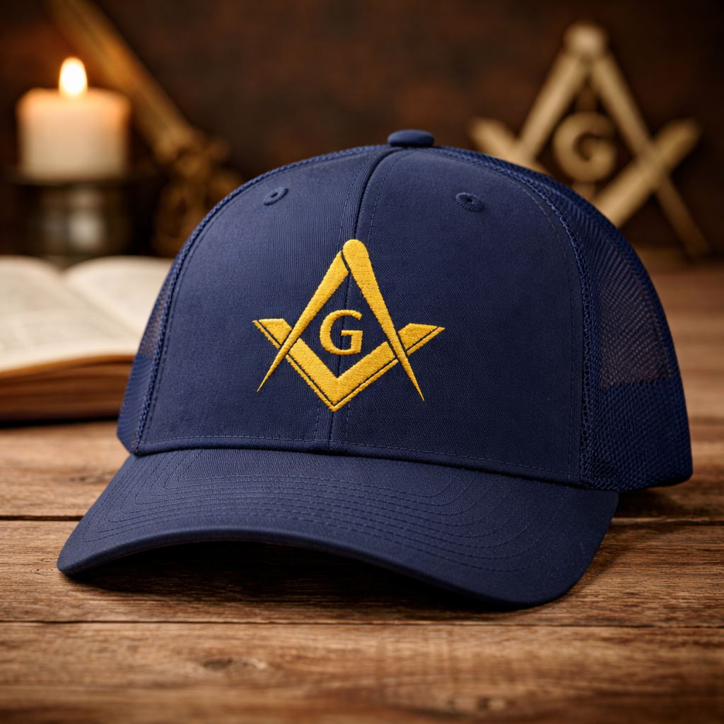 Freemason Trucker Hat – Gold Square & Compasses | Masonic Mesh Cap