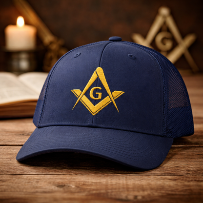 Freemason Trucker Hat – Gold Square & Compasses | Masonic Mesh Cap